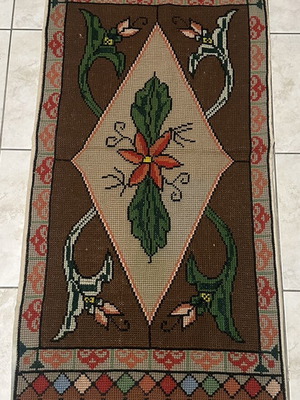 Vintage handmade traditional cross-stitch rug used, 117x53cm