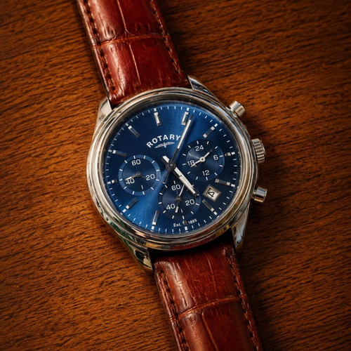 Rotary 1895 Vintage Chronograph Watch used, leather strap, blue dial