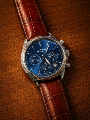 Rotary 1895 Vintage Chronograph Watch used, leather strap, blue dial