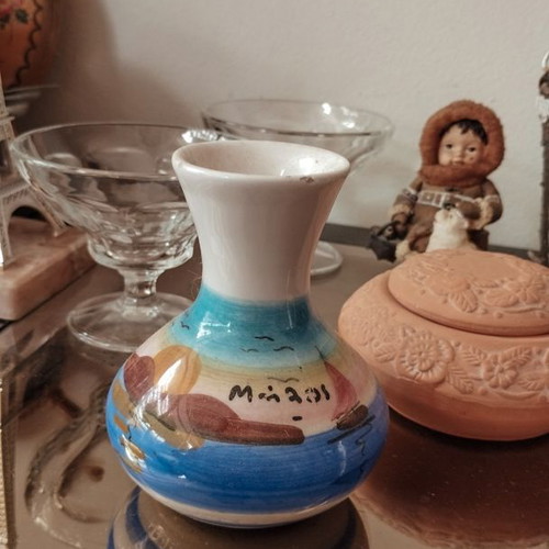 Small decorative ceramic vase with painted Milos landscape like new