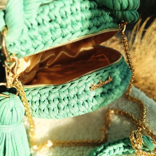 Wooden knitted crossbody bag turquoise new with golden details