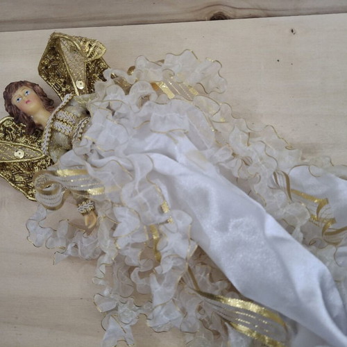 White hanging angel with gold wings, porcelain body
