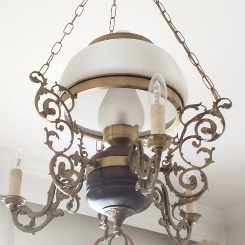 Vintage Brass Chandelier Neoclassical | Large Opaline & Candles | Rare