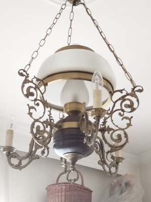 Vintage Brass Chandelier Neoclassical | Large Opaline & Candles | Rare
