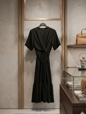 Dress black summer wrap with ruffle hem, new, size M