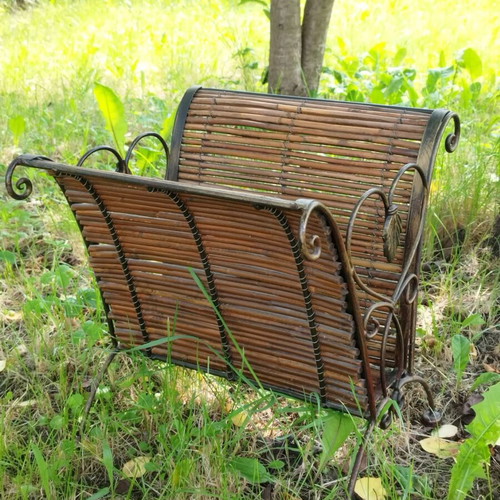 Vintage magazine and newspaper rack used, bamboo and wrought iron
