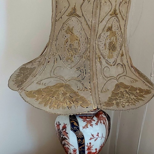 Vintage table lamp with porcelain base and handmade lampshade, like new