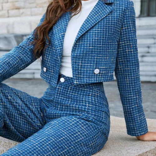 Womens Blue Tweed Jacket and Trousers Set new, size medium