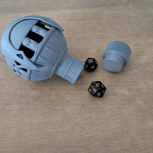 3D printed health pot with blood red D&D dice set