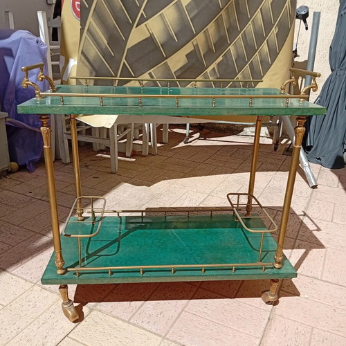 Vintage bar cart with brass details, green