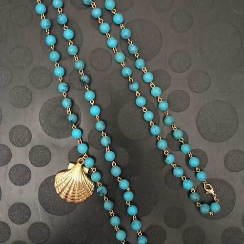 Long summer pendant necklace with blue beads, shell and coral