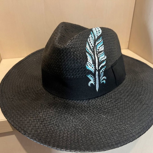 Men's black straw hat with handmade painted design like new