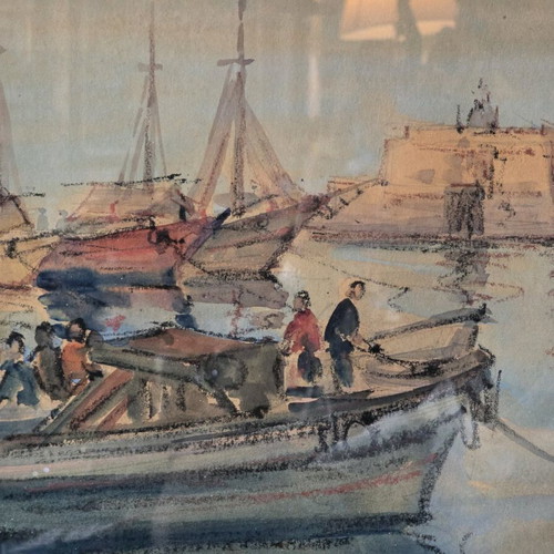 Watercolor V. Magkos "Harbor with Fishermen" like new, signed artwork