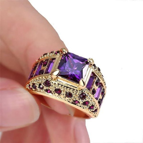 Amethyst Ring new, gold and purple with cubic zirconia