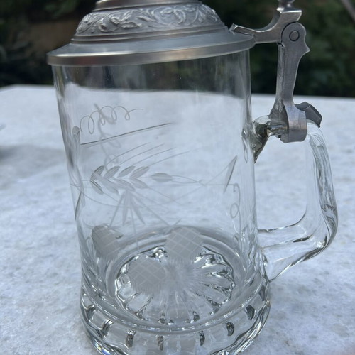 Vintage German beer stein with etched barley and hops