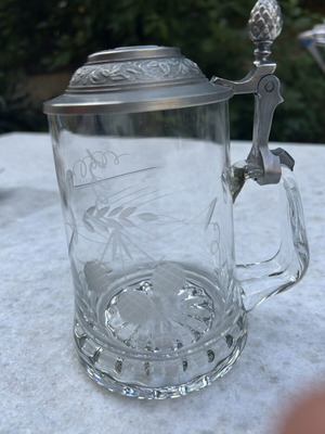 Vintage German beer stein with etched barley and hops