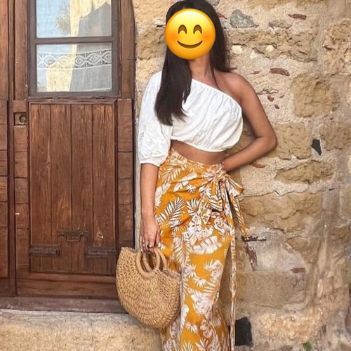 Noobass summer wrap midi skirt, bright mustard with white pattern