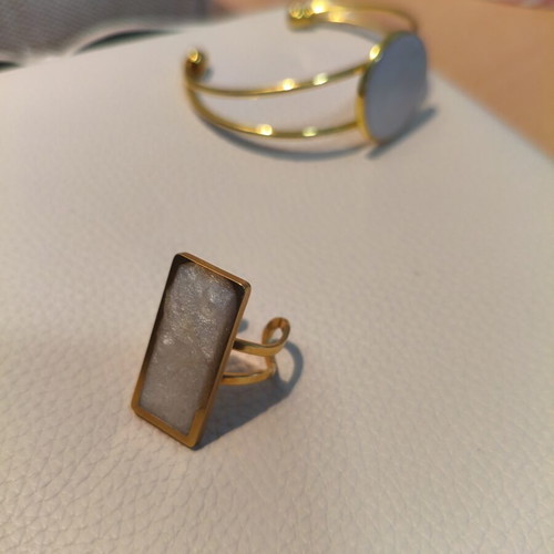 Handmade adjustable statement ring with white resin and gold base
