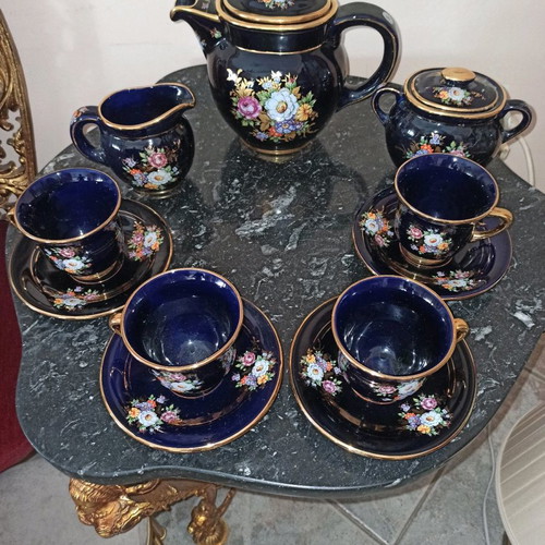 Porcelain coffee/tea set 24K gold like new, blue, 7 pieces