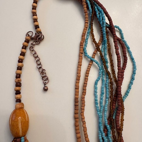 Women's long necklace from beads and wood like new, turquoise and brown