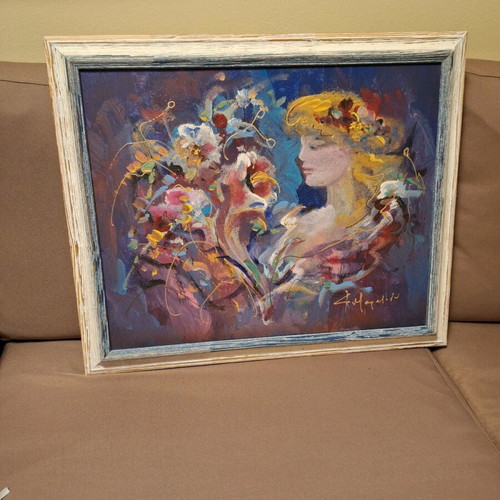 Authentic Mouratidou painting like new with dedication and frame 58×48cm