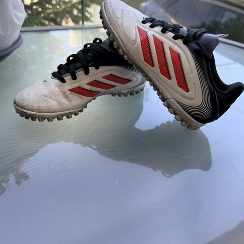 Adidas kids' football shoes with studs, size 32, white and red