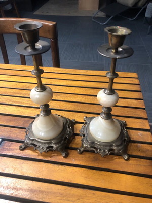 Pair of bronze and natural agate candlesticks, handmade