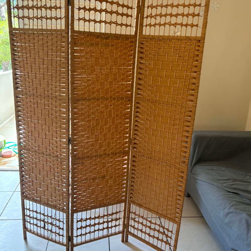 Three-Panel Room Divider Made of Natural Rattan/Wicker and Wood Like New, Boho Vintage