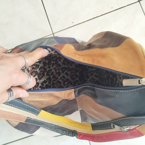 Multicolor genuine leather patchwork sling backpack