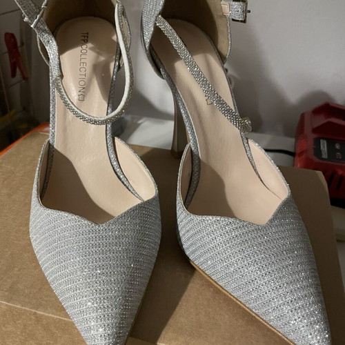 Silver high heels with ankle strap, size 41