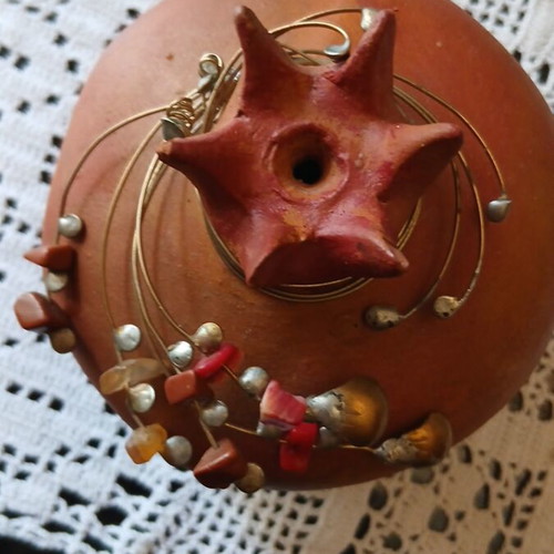 Handmade Ceramic Pomegranate with Coral and Semi-Precious Stones like new