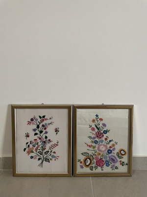 Vintage embroidery framed set of 2 with colorful flowers used