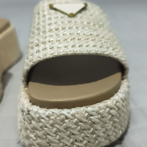 Prada women's beige crochet flatform slides, size 38