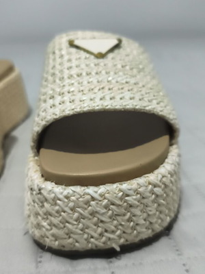 Prada women's beige crochet flatform slides, size 38