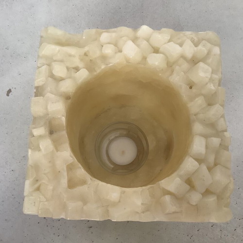 Handmade decorative candle holder used, cream color wax