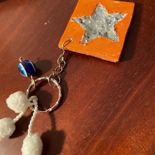 Wooden keychain with ciel stones and evil eye new