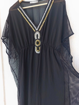 Happy Sizes Black Maxi Kaftan with Gold, Silver & Black Beads S-M like new
