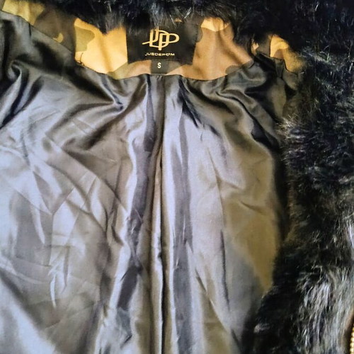 Military-style jacket with hood lined with black fur like new, size S