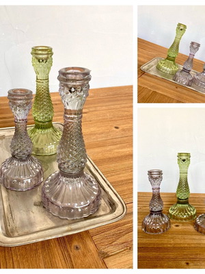 3 Glass Vintage Candlesticks in Olive and Purple Colors, new