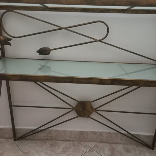 Console with mirror used, gold shade, frosted glass top