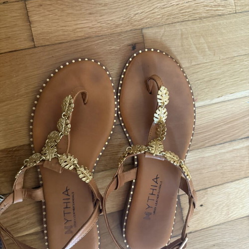 Leather sandals used, Greek made, size 38, brown and gold