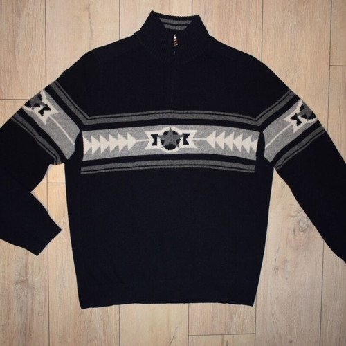 Bogner Navy Blue Nordic Print 1/2 Zip Long Sleeve Wool Sweater Size L like new
