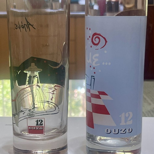 Ouzo 12 Advertising Glasses Set Like New, Retro 80s-90s