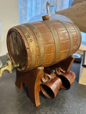 Vintage clay barrel with 4 cups used