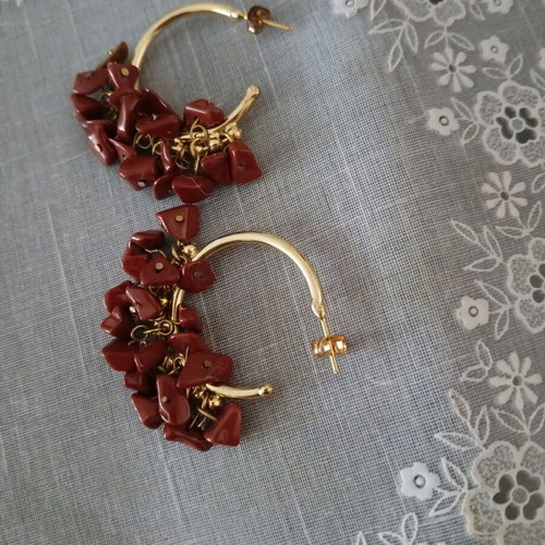 Hoop earrings gold plated like new with red jasper stones