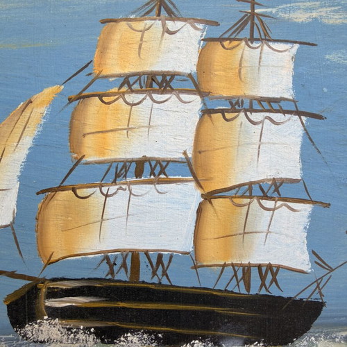 Handmade wooden decorative chest with painted sailboat used