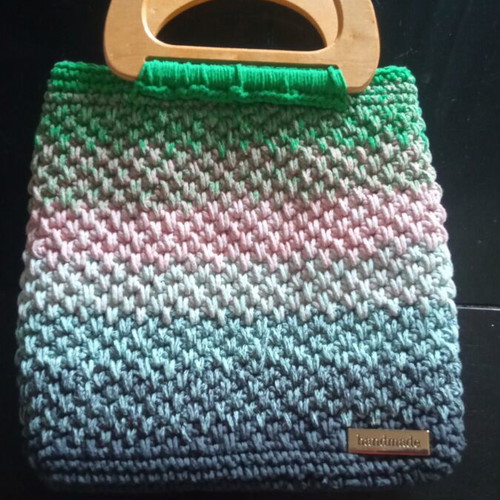 Handmade Crochet Bag with Degradé Colors and Wooden Handles, New
