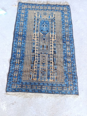 Baluch Handmade Afghan Prayer Rug used, rare blue 164x91 cm