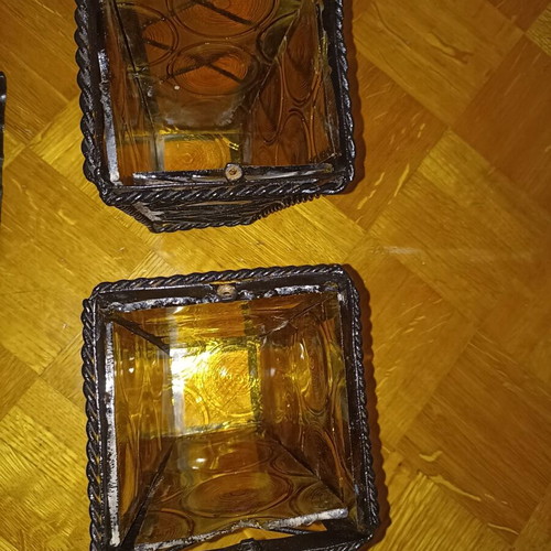 Metal outdoor and indoor lamps with yellow glass, set of 2