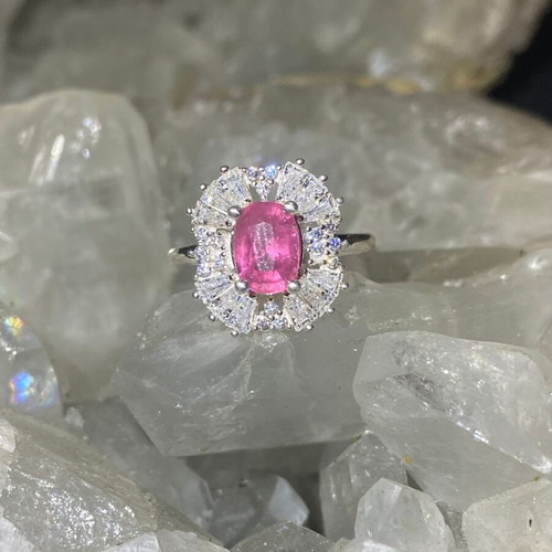 Silver ring with natural pink tourmaline and moissanites, new